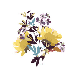 Vector floral illustration. Bouquet of yellow flowers with burgundy twigs and leaves.