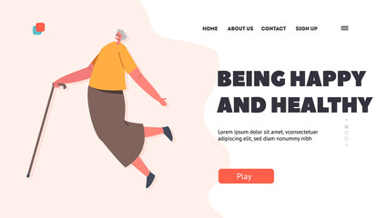Happy Elderly Woman Landing Page Template. Lady with Walking Cane Jump and Feel Excitement, Positive Female Senior
