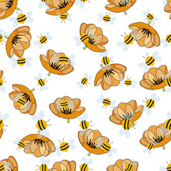 Seamless pattern with bees on floral background. Small wasp. Vector illustration. Adorable cartoon character. Template design for invitation, cards, textile, fabric. Doodle style