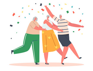 Old Girlfriends Dance Conga, Senior Women Stand in Row Hold Each Other with Confetti around. Elderly People Sparetime