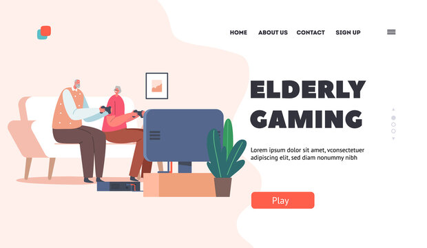 Elderly Gaming Landing Page Template. Couple Characters Playing Video Game. Happy Senior Man, Woman Fun