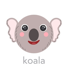 Koala Cute bear portrait with name text smile head cartoon round shape animal face, isolated vector icon illustrations on white background. Flat simple hand drawn for kids poster, t-shirts, baby