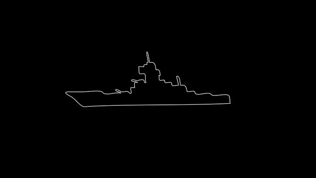 white linear warship silhouette. the picture appears and disappears on a black background.