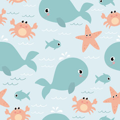 Cute sea animals. Seamless pattern with whales, crabs, starfish and fish. Kids vector illustration. It can be used for wallpapers, wrappers, cards, patterns for clothes, and others.