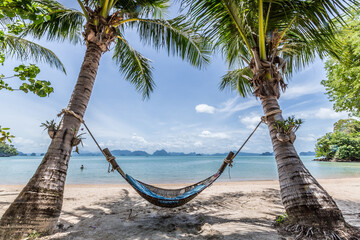 paysage de vacances sur une plage paradisiaque avec un hamac au milieu de deux palmier avec une mer...