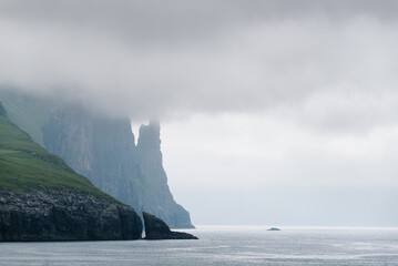 Fototapeta na wymiar Witches Finger rock on Vagar island, Faroe Islands