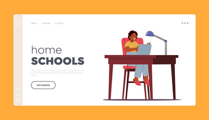 Home School Landing Page Template. African Boy Sit at Desk with Laptop, Learning Classes, Watch Webinar, Chatting