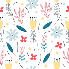Vector seamless colorful pattern with abstract hand-drawn flowers and leaves