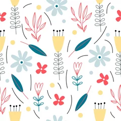 Fotobehang Bloemenmotief Vector naadloos kleurrijk patroon met abstracte handgetekende bloemen en bladeren