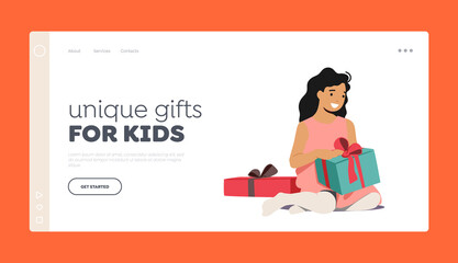 Unique Gifts for Kids Landing Page Template. Child Opening Gifts in Wrapping Paper. Little Girl Celebrate Holiday
