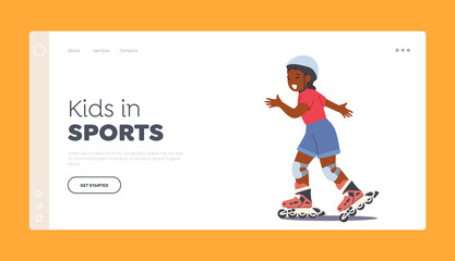 Kid Sports Activity and Recreation Landing Page Template. Happy Little African Girl Riding Roller Skates, Child Fun