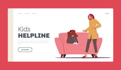Kids Helpline Landing Page Template. Aggressive Mother Yell on Little Boy Hiding Face Sitting on Sofa in Living Room