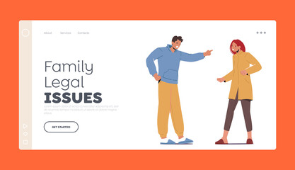 Fototapeta na wymiar Family Legal Issues Landing Page Template. Unhappy Family Fighting. Angry Couple Arguing Shouting Blaming Each Other