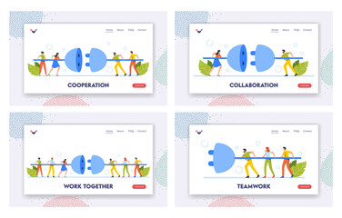 Fototapeta na wymiar People Work Together Landing Page Template Set. Tiny Business Characters Connecting Huge Plug. Men and Women Connecting