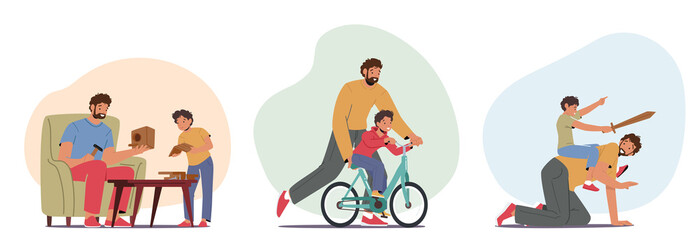 Obraz premium Set of Happy Family Characters Dad and Little Son Spend Time Together Building Bird House, Riding Bicycle, Playing