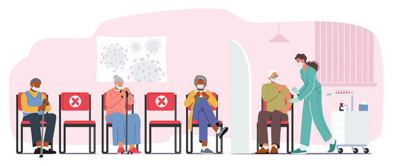 Obraz premium Old People Waiting Vaccination in Hospital Hall. Senior Male and Female Characters Applying Vaccine against Coronavirus