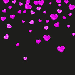 Valentines day heart with pink glitter sparkles. February 14th day. Vector confetti for valentines day heart template. Grunge hand drawn texture. Love theme for gift coupons, vouchers, ads, events.