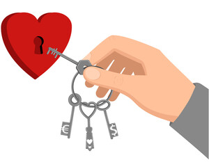 Selection of the key to the heart.
A man's hand holds a bunch of keys, one of which is trying to open the heart.
Vector design element, body part in flat style.