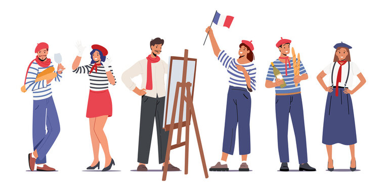 Set of Typical French People Mime, Painter, Women in Beret with Flag, Man Holding Baguettes and Wineglass