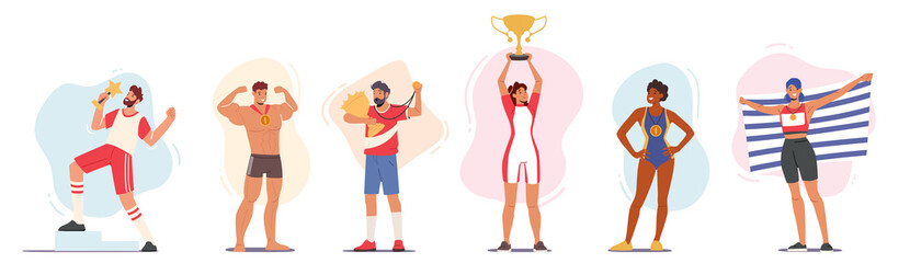 Sportsmen and Sportswomen Champions with Medals and Flags. Win, Victory Concept. Young Happy Characters Holding Trophy © Anna Syvak