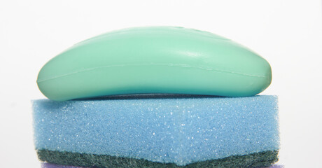 Concept of cleaning of premises, offices and houses. This is a tool to guide cleanliness. Soap, sponges, rags.