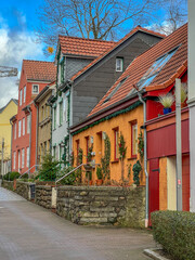 Fototapeta na wymiar Historic houses in St. Jürgen, tourist attraction in Flensburg, Schleswig Holstein, Germany