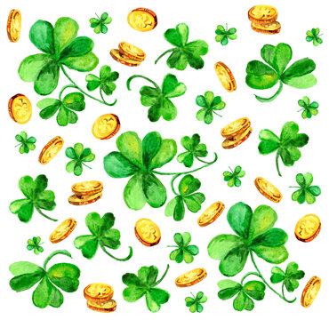 Pattern with clover and golden coins painted of watercolor on white background