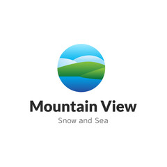 Nature view logo with snowy mountains and sea