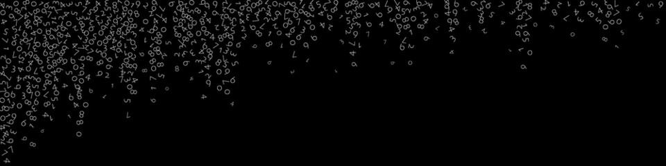 Falling numbers, big data concept. Binary white disorderly flying digits. Energetic futuristic banner on black background. Digital vector illustration with falling numbers.