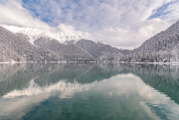 Mountaineous winter lake Ritsa in Arkhaziain winter time