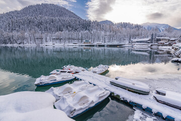 Mountaineous winter lake Ritsa in Arkhaziain winter time