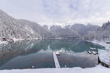 Mountaineous winter lake Ritsa in Arkhaziain winter time