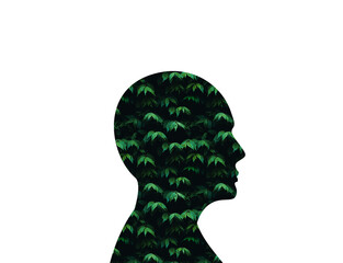 Silhouette Head with plant texture. textured man Heard with green Plant leaves. man nature and  psychology 