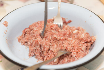 Minced meat in a bowl. Cook dumplings. Russian traditional food. Organic products.