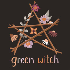 Floral wiccan pentacle with saying green witch