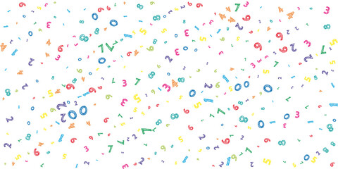 Falling colorful messy numbers. Math study concept with flying digits. Appealing back to school mathematics banner on white background. Falling numbers vector illustration.