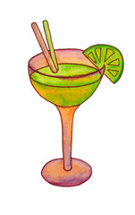 Cocktail in a glass. Mixed drink with straw and lime. Watercolor illustration.