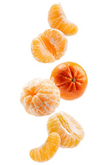 falling tangerines with clipping path isolated on a white background