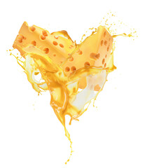 two pieces of cheese in splash with clipping path isolated on a white background.3d rendering