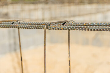 Close up construction steel rebar at the building site.