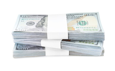 Bundles of dollar banknotes on white background. American national currency