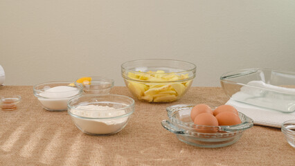  Apple cake with biscuit base recipe, step by step baking process. Ingredients close up