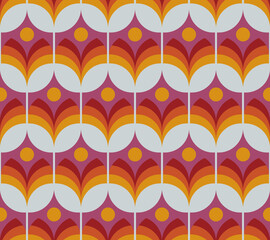 Mid Century Modern Geometric Floral Seamless Pattern. Retro Repeat Pattern With Minimalist Orange, Yellow And Red Tulip Flowers. 