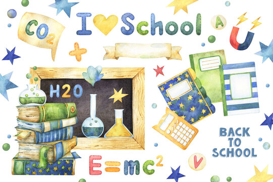 I love school whimsical watercolor clip art including chalk board, stack of books and chemistry glassware composition, notebooks arrangement, letters, stars, dots and decorative elements, isolated 