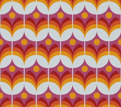 Mid Century Modern Geometric Floral Seamless Pattern. Retro Repeat Pattern With Minimalist Orange, Yellow And Red Tulip Flowers. 