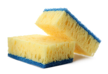 Yellow cleaning sponges with abrasive light blue scourers on white background