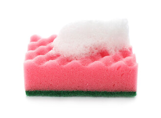 Obraz na płótnie Canvas Pink cleaning sponge with foam on white background