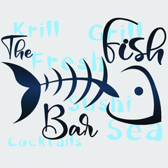 abstract logo of a fish bar from a fish skeleton and inscriptions