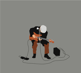 Street musician playing a guitar during a performance in town. Street musician artist performance concept. Vector illustration.