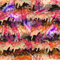 Messy summer tie dye batik beach wear pattern. Seamless colourful stain space dyed effect fashion. Washed out soft furnishing background. 